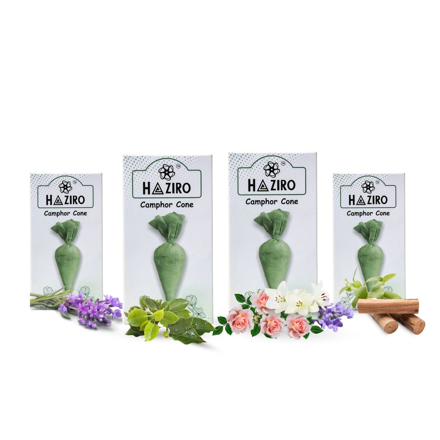 Haziro Camphor Cone Combo (Sandalwood, Golden city, Original Camphor, Lavender) Pack Of 4-100% Organic | Air Freshener For Car, Wardrobe, Office Cabin's, Drawers, Travel Bag & Bathroom